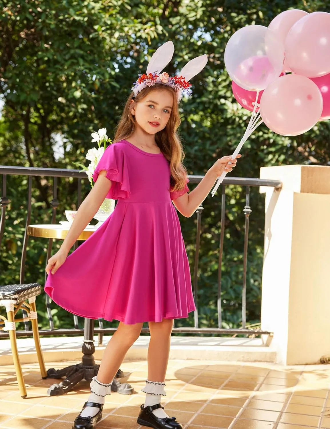 Arshiner Girl's Summer Dresses Ruffle Short Sleeve Swing Flowy Midi Casual Sundress with Pockets