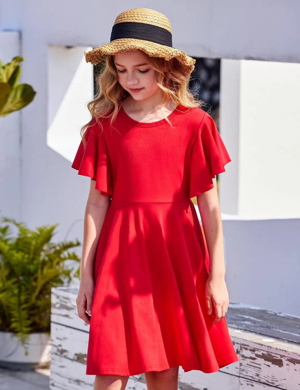Arshiner Girl's Summer Dresses Ruffle Short Sleeve Swing Flowy Midi Casual Sundress with Pockets
