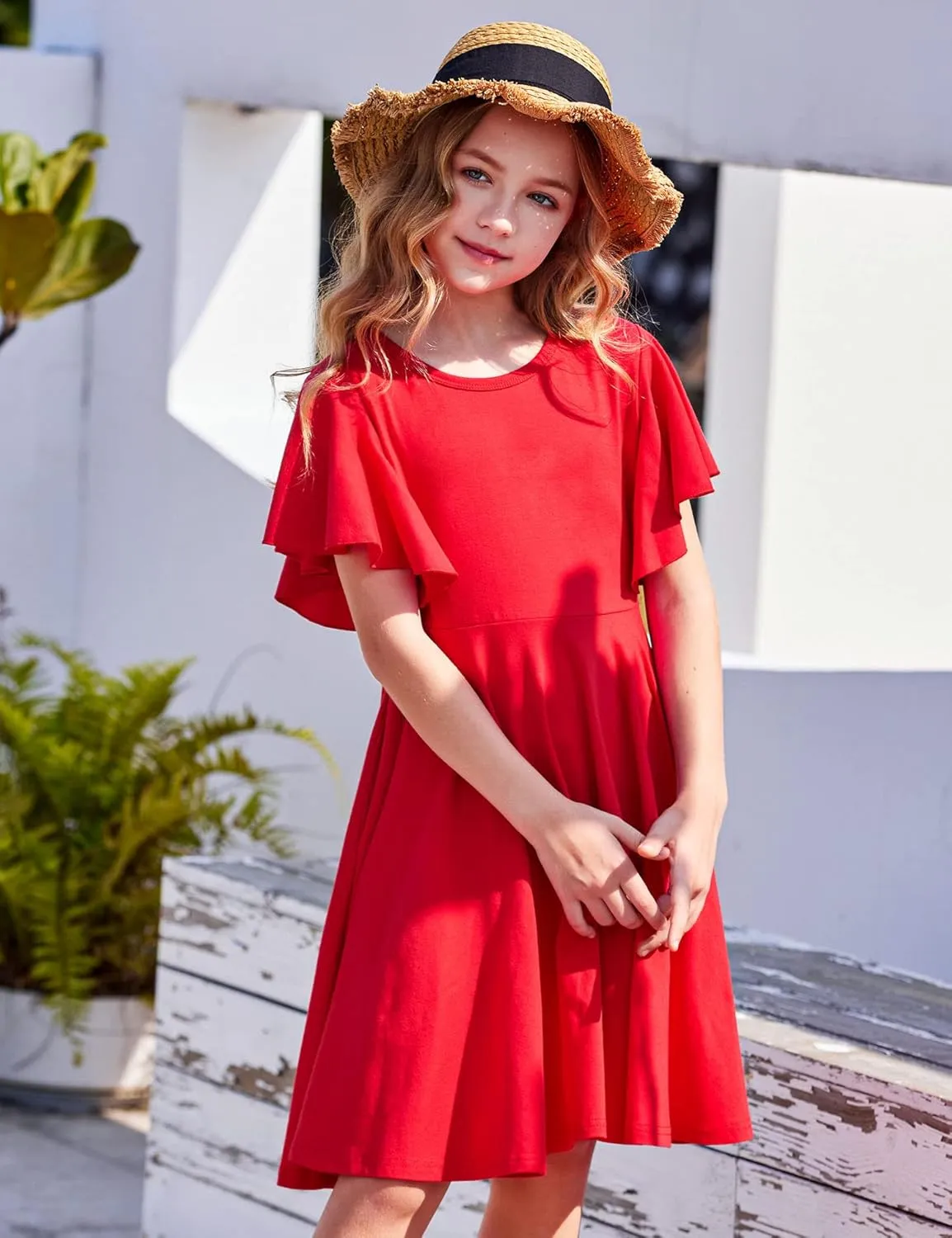 Arshiner Girl's Summer Dresses Ruffle Short Sleeve Swing Flowy Midi Casual Sundress with Pockets