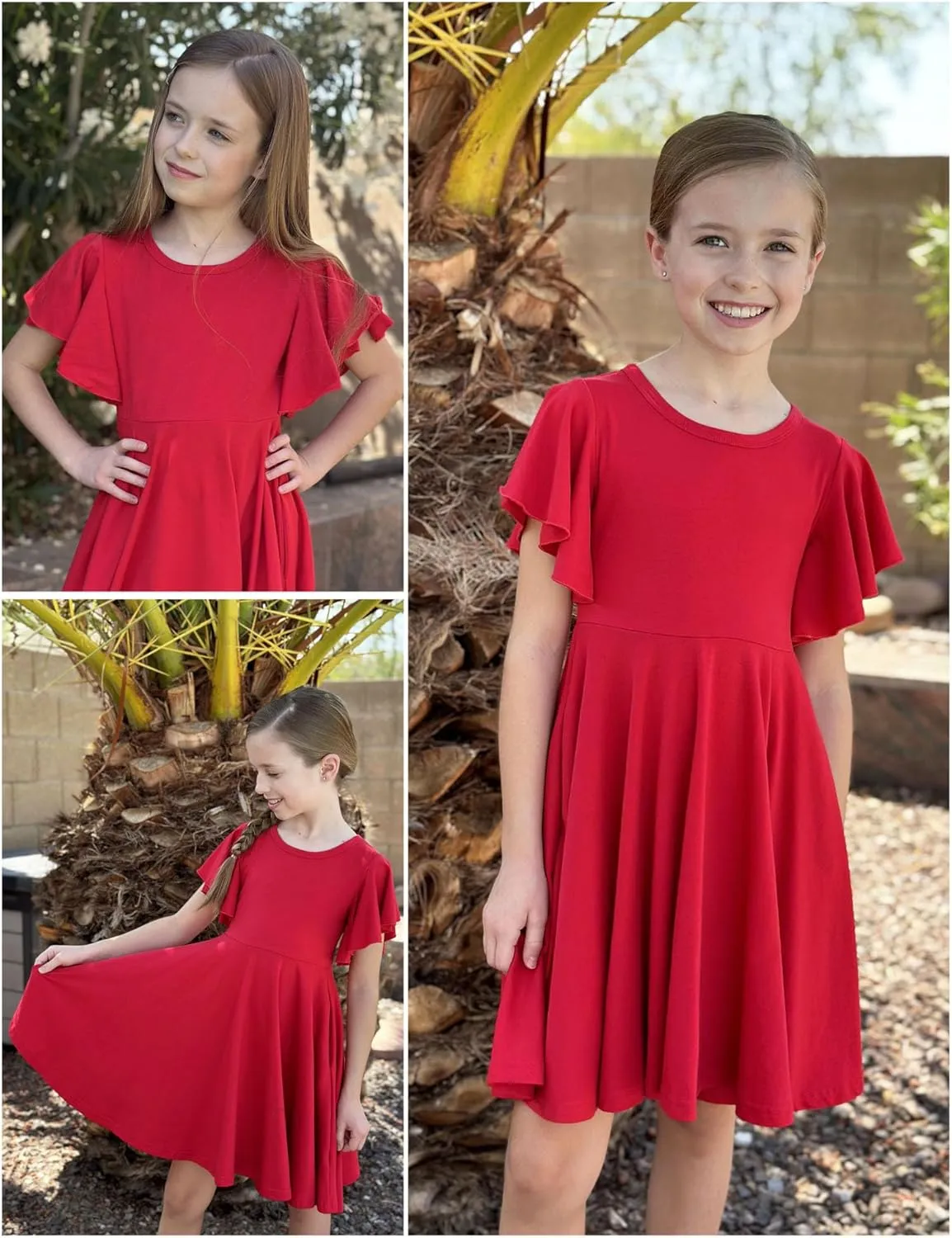 Arshiner Girl's Summer Dresses Ruffle Short Sleeve Swing Flowy Midi Casual Sundress with Pockets