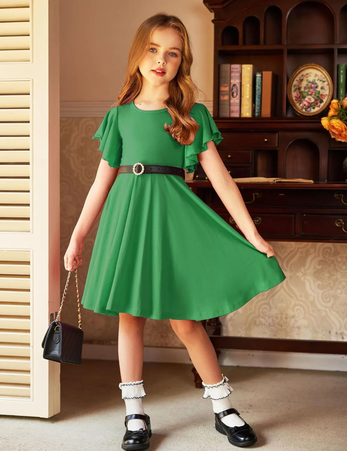 Arshiner Girl's Summer Dresses Ruffle Short Sleeve Swing Flowy Midi Casual Sundress with Pockets