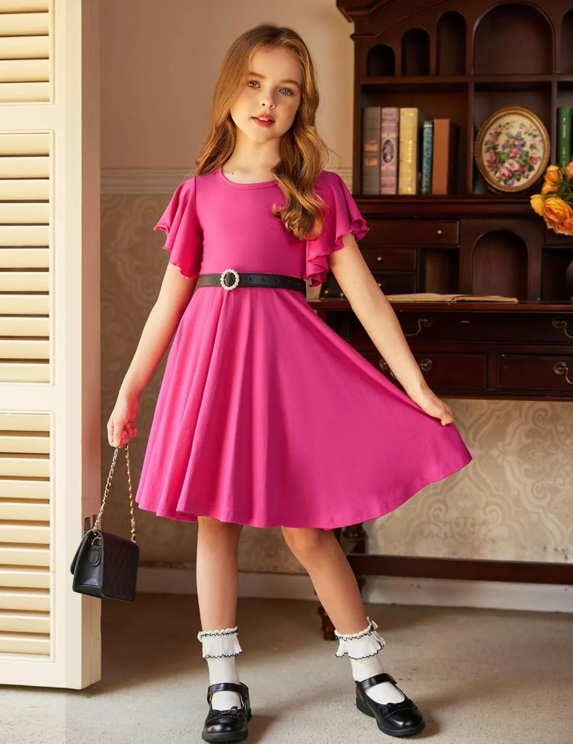 Arshiner Girl's Summer Dresses Ruffle Short Sleeve Swing Flowy Midi Casual Sundress with Pockets