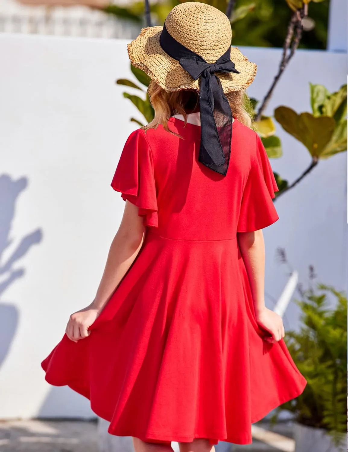 Arshiner Girl's Summer Dresses Ruffle Short Sleeve Swing Flowy Midi Casual Sundress with Pockets