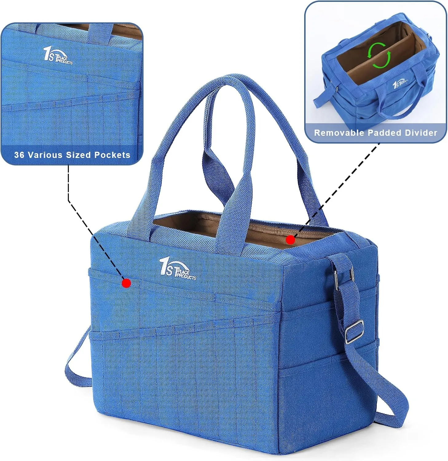 Art Craft Supply & Pottery Bag – 36 Pockets – Detachable Shoulder Strap - Handles – Removable Padded Divider - Washable – Tools, Knitting, Crochet, Yarn, Sewing, Scrapbooking, Clay, Tote