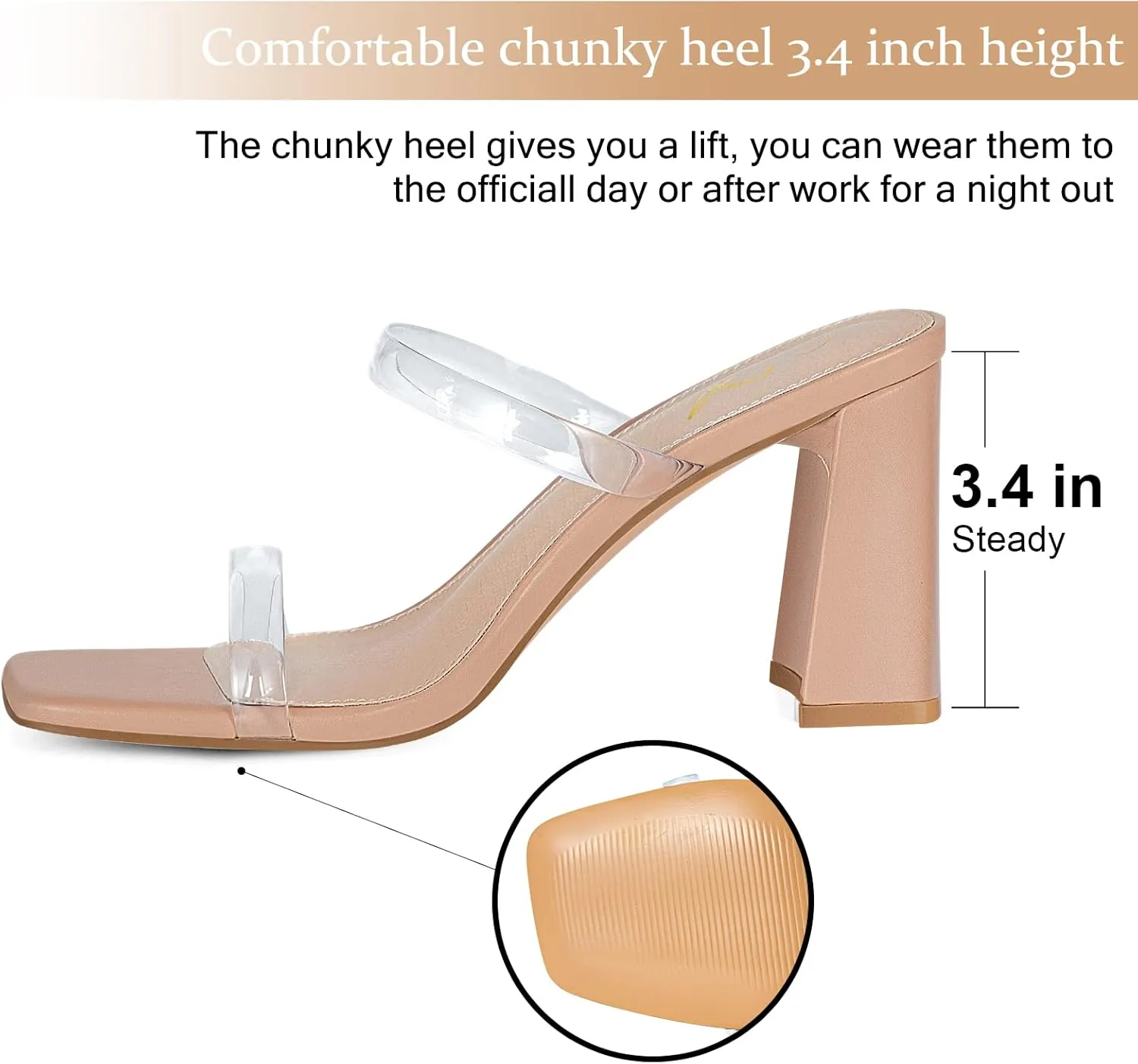 Athlefit Women's Square Open Toe Two Strap Heeled Sandals Slip On Block Chunky Heels Sandals