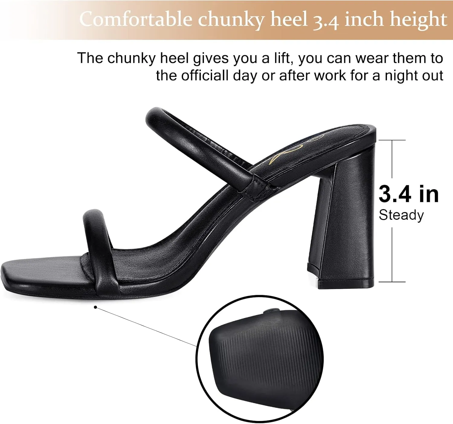 Athlefit Women's Square Open Toe Two Strap Heeled Sandals Slip On Block Chunky Heels Sandals