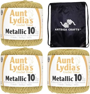 Aunt Lydia's Crochet Thread Metallic Size 10 Gold & Gold 154M-0090G (3-Skeins) Same Dye Lot Size 10 Soft 88% Mercerized Cotton/12% Metallic with Project Bag