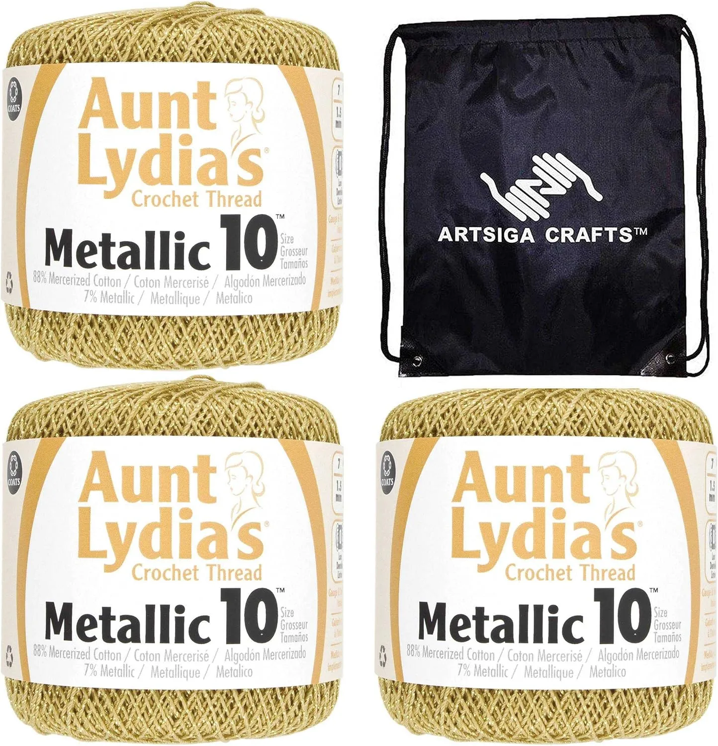 Aunt Lydia's Crochet Thread Metallic Size 10 Gold & Gold 154M-0090G (3-Skeins) Same Dye Lot Size 10 Soft 88% Mercerized Cotton/12% Metallic with Project Bag