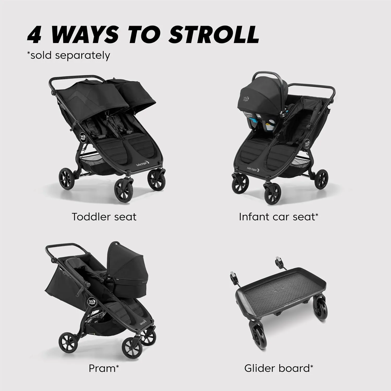 Baby Jogger City Mini GT2 All-Terrain Double Stroller Jet Black Perfect for Newborn and Toddler Compatible with Britax Cybex Graco and Maxi Cosi Infant Car Seats