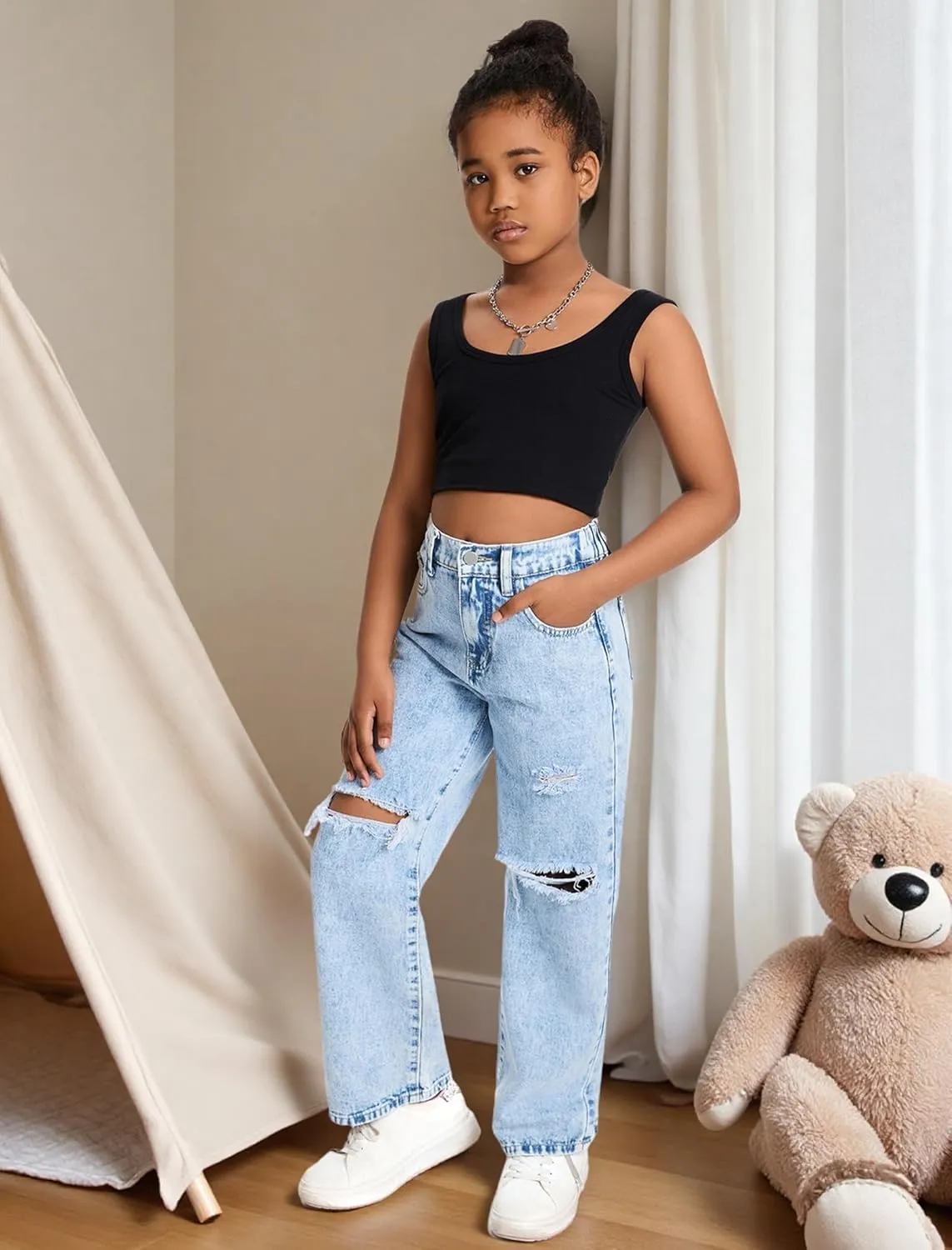Baggy Jeans for Girls Wide Leg Ripped High Elastic Waisted Denim Pants Cute Summer Trousers Y2K Streetwear 7-14Y