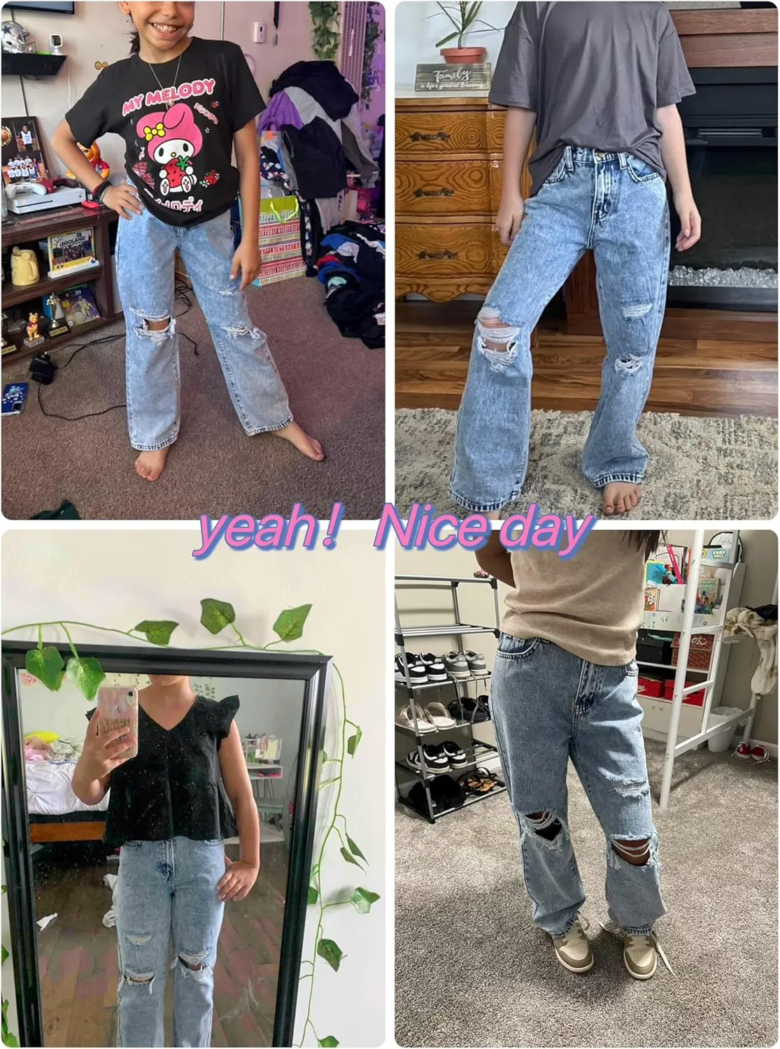 Baggy Jeans for Girls Wide Leg Ripped High Elastic Waisted Denim Pants Cute Summer Trousers Y2K Streetwear 7-14Y