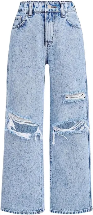 Baggy Jeans for Girls Wide Leg Ripped High Elastic Waisted Denim Pants Cute Summer Trousers Y2K Streetwear 7-14Y