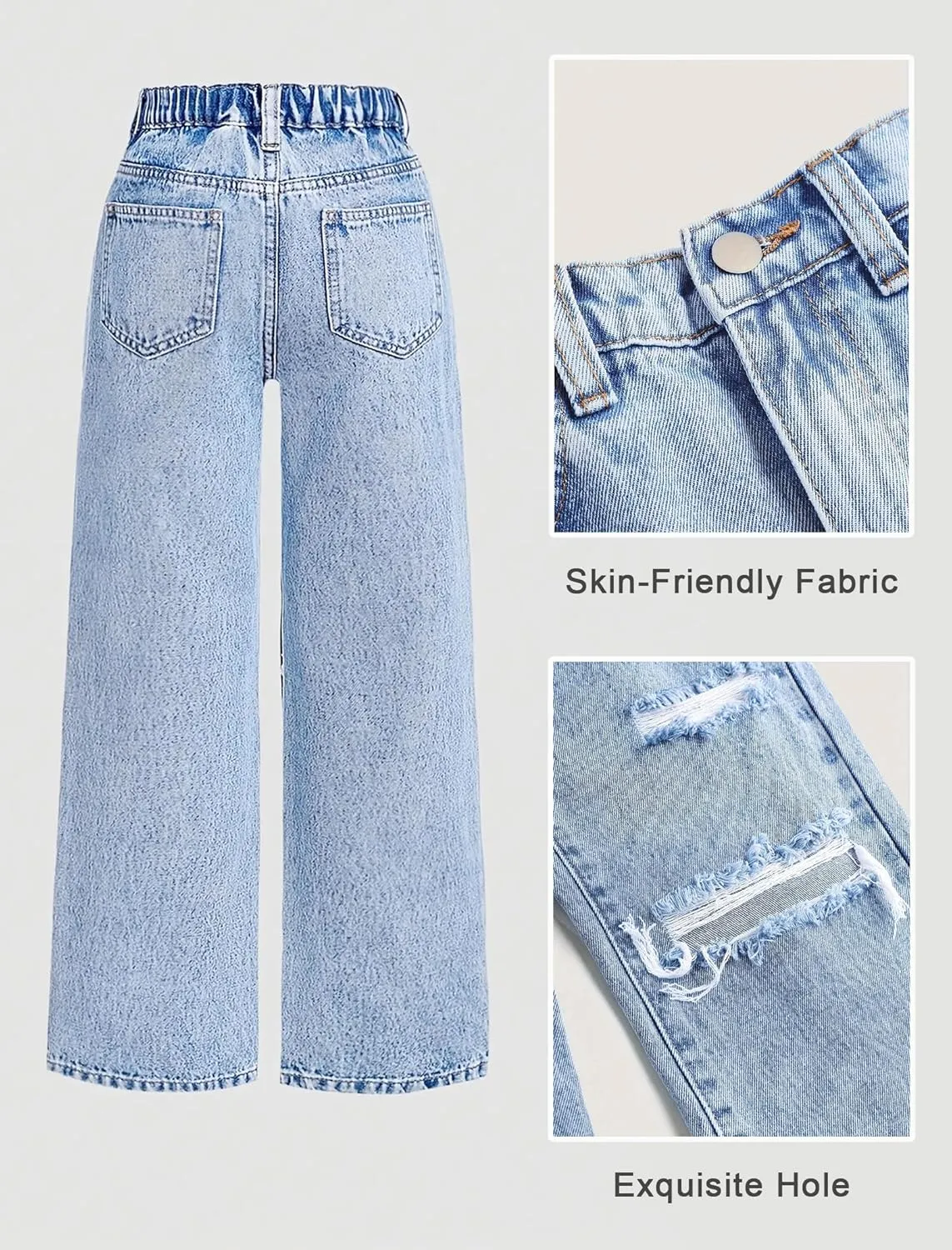 Baggy Jeans for Girls Wide Leg Ripped High Elastic Waisted Denim Pants Cute Summer Trousers Y2K Streetwear 7-14Y