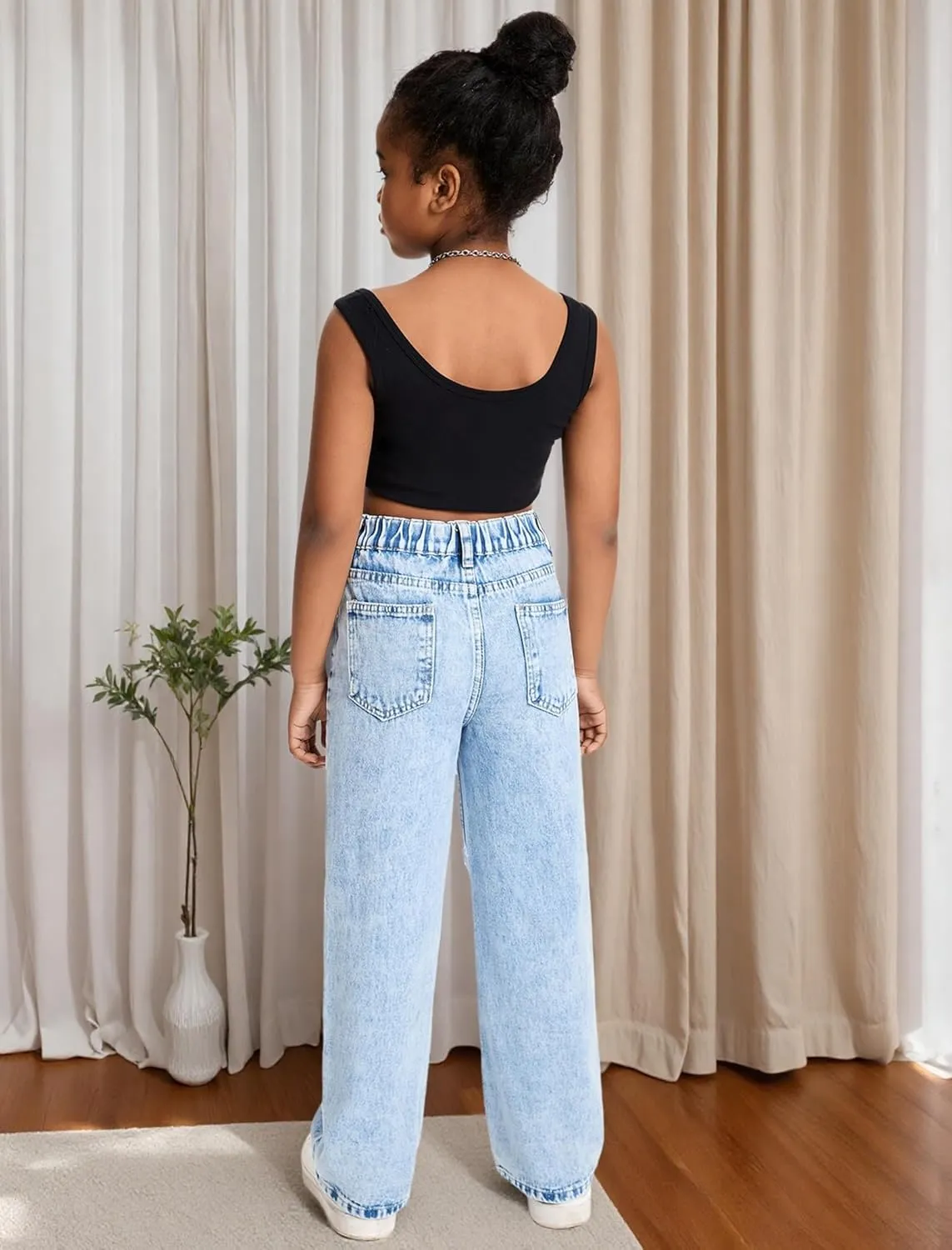 Baggy Jeans for Girls Wide Leg Ripped High Elastic Waisted Denim Pants Cute Summer Trousers Y2K Streetwear 7-14Y