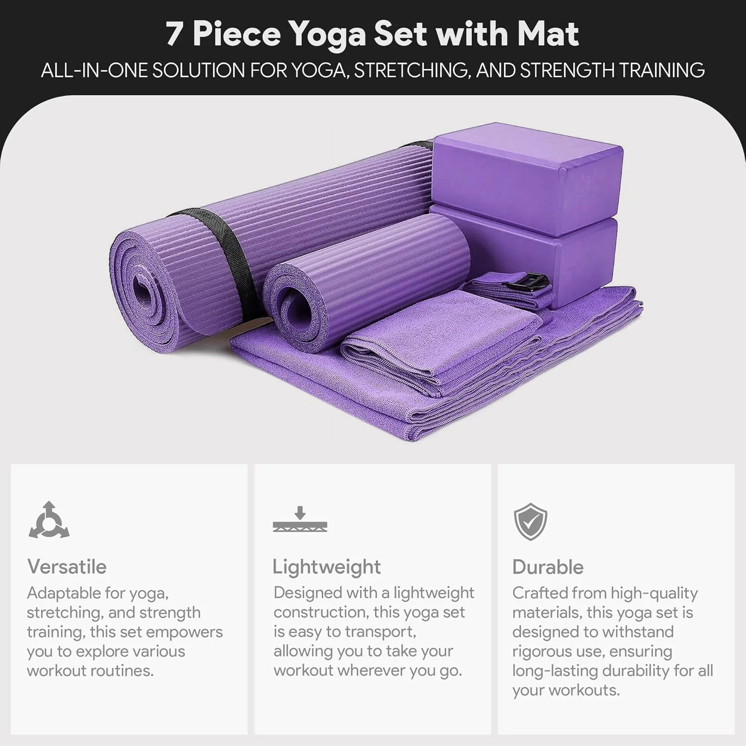 BalanceFrom 7-Piece Set - Include Yoga Mat with Carrying Strap, 2 Yoga Blocks, Yoga Mat Towel, Yoga Hand Towel, Yoga Strap and Yoga Knee Pad, Multiple Colors