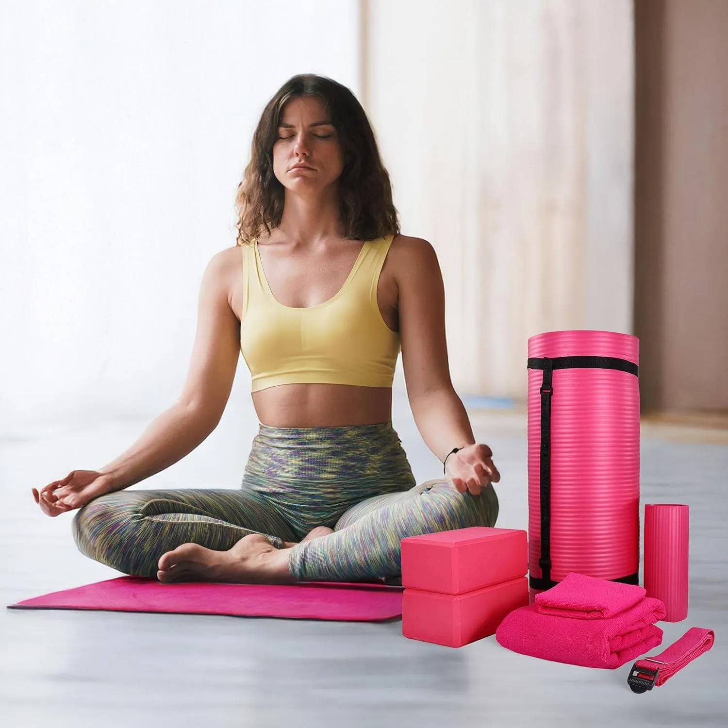 BalanceFrom Fitness 7-Piece Home Gym Yoga Set with 1-Inch Thick Yoga Mat, 2 Yoga Blocks, Mat Towel, Hand Towel, Stretch Strap & Knee Pad, Blue