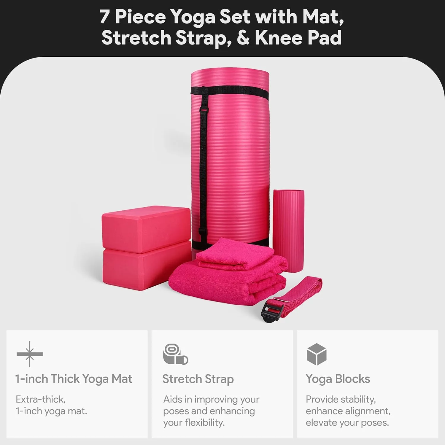 BalanceFrom Fitness 7-Piece Home Gym Yoga Set with 1-Inch Thick Yoga Mat, 2 Yoga Blocks, Mat Towel, Hand Towel, Stretch Strap & Knee Pad, Blue