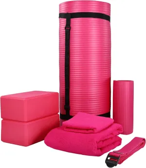 BalanceFrom Fitness 7-Piece Home Gym Yoga Set with 1-Inch Thick Yoga Mat, 2 Yoga Blocks, Mat Towel, Hand Towel, Stretch Strap & Knee Pad, Blue