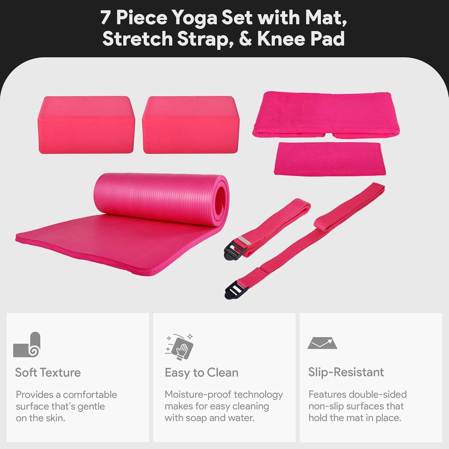 BalanceFrom Fitness 7-Piece Home Gym Yoga Set with 1-Inch Thick Yoga Mat, 2 Yoga Blocks, Mat Towel, Hand Towel, Stretch Strap & Knee Pad, Blue