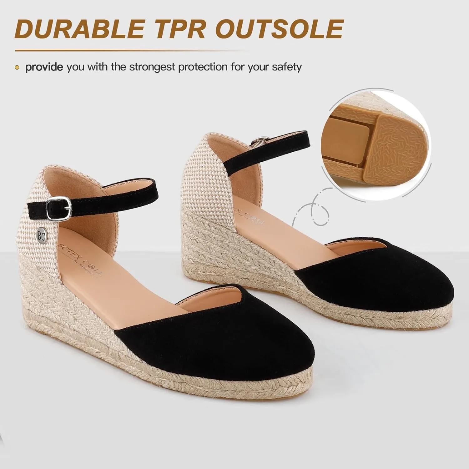 BCTEX COLL Women's Espadrilles Wedge Sandals Ankle Strap Platform Closed Toe Dressy Shoes