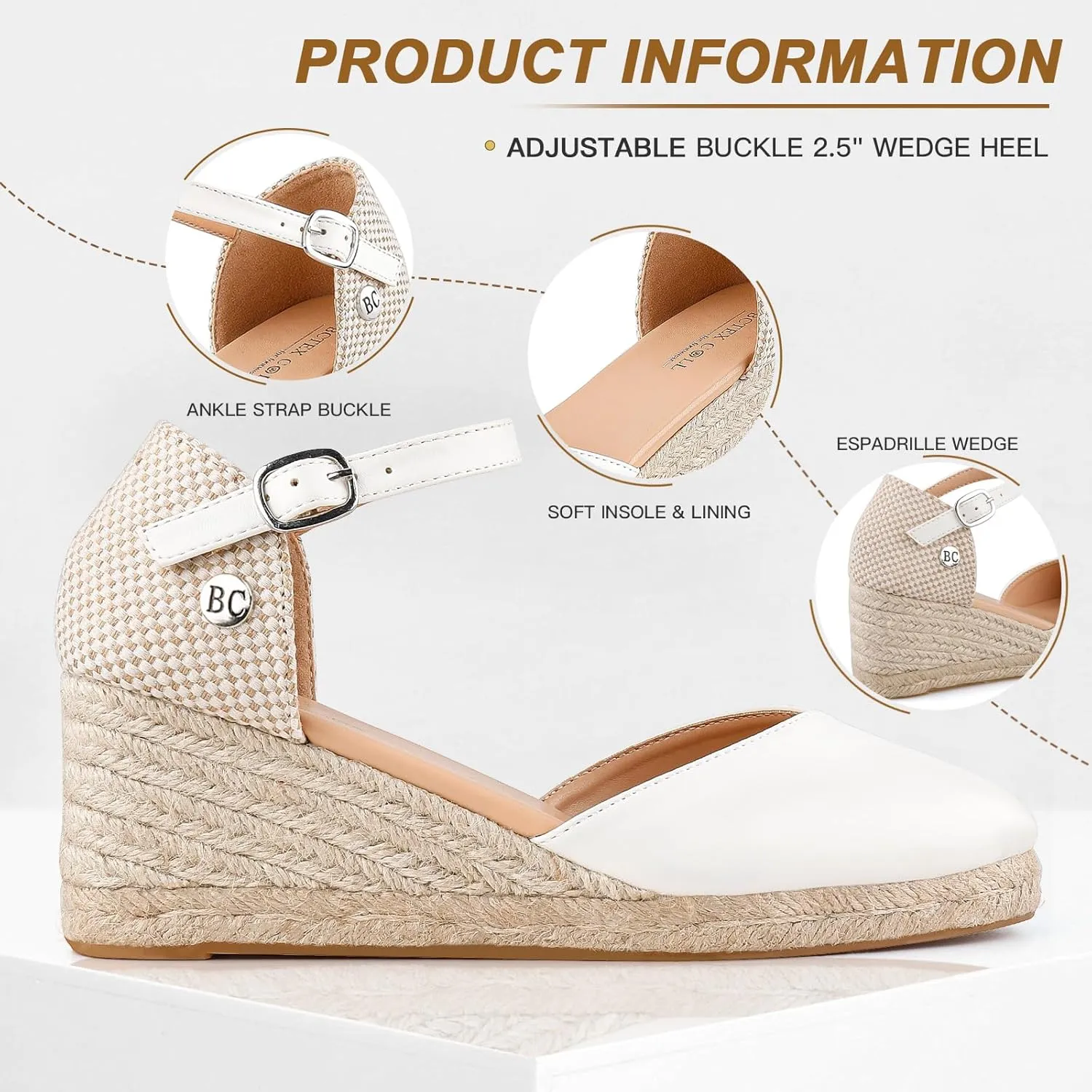 BCTEX COLL Women's Espadrilles Wedge Sandals Ankle Strap Platform Closed Toe Dressy Shoes