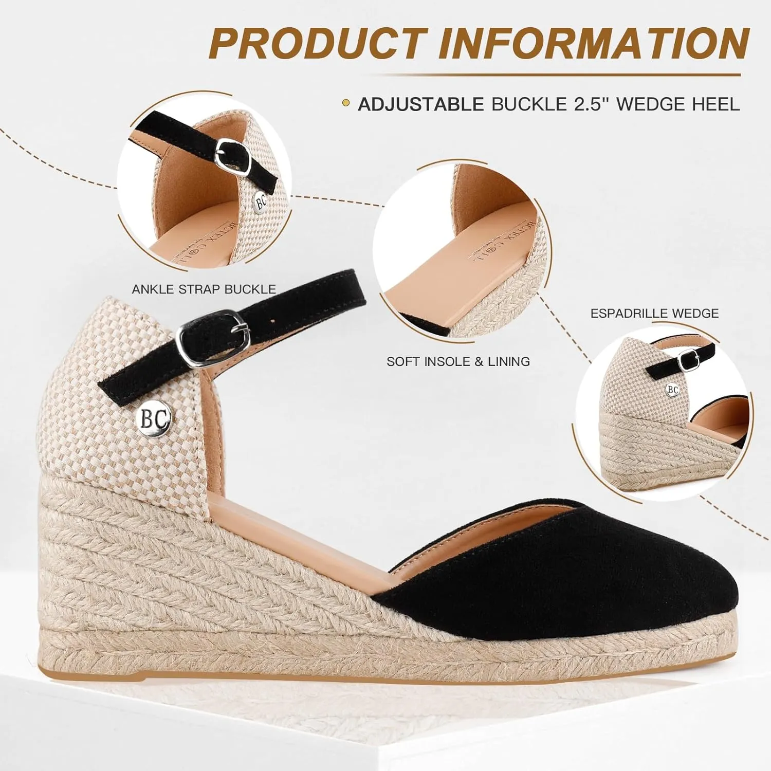 BCTEX COLL Women's Espadrilles Wedge Sandals Ankle Strap Platform Closed Toe Dressy Shoes