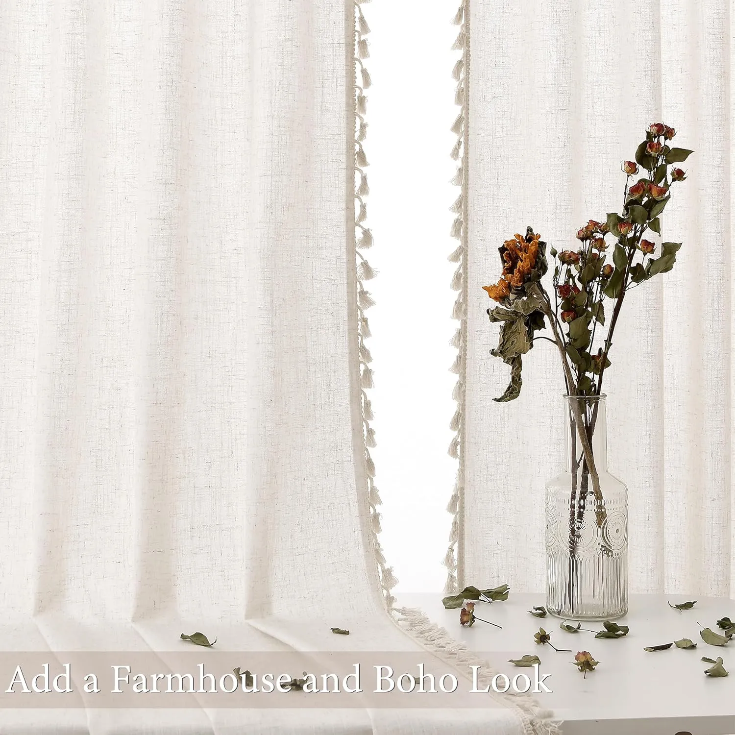 Beige Boho Linen Small Curtains 63 Inches Long 2 Panels Textured Farmhouse Semi Sheer Window Curtains Tassels Back Tab Neutral Light Filtering Chic Curtain Drapes for Living Room Bedroom 52x63