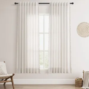 Beige Boho Linen Small Curtains 63 Inches Long 2 Panels Textured Farmhouse Semi Sheer Window Curtains Tassels Back Tab Neutral Light Filtering Chic Curtain Drapes for Living Room Bedroom 52x63