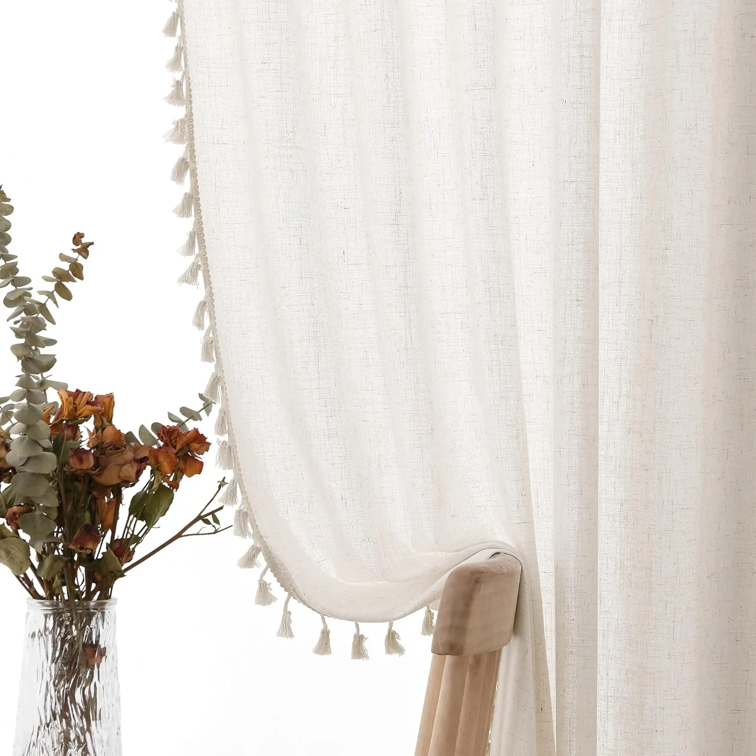Beige Boho Linen Small Curtains 63 Inches Long 2 Panels Textured Farmhouse Semi Sheer Window Curtains Tassels Back Tab Neutral Light Filtering Chic Curtain Drapes for Living Room Bedroom 52x63