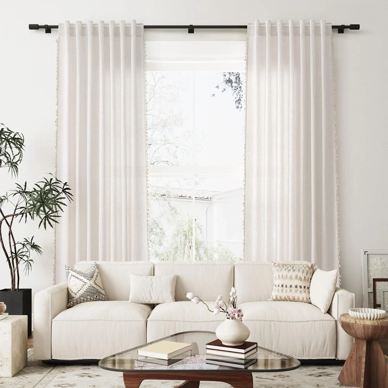 Beige Boho Linen Small Curtains 63 Inches Long 2 Panels Textured Farmhouse Semi Sheer Window Curtains Tassels Back Tab Neutral Light Filtering Chic Curtain Drapes for Living Room Bedroom 52x63