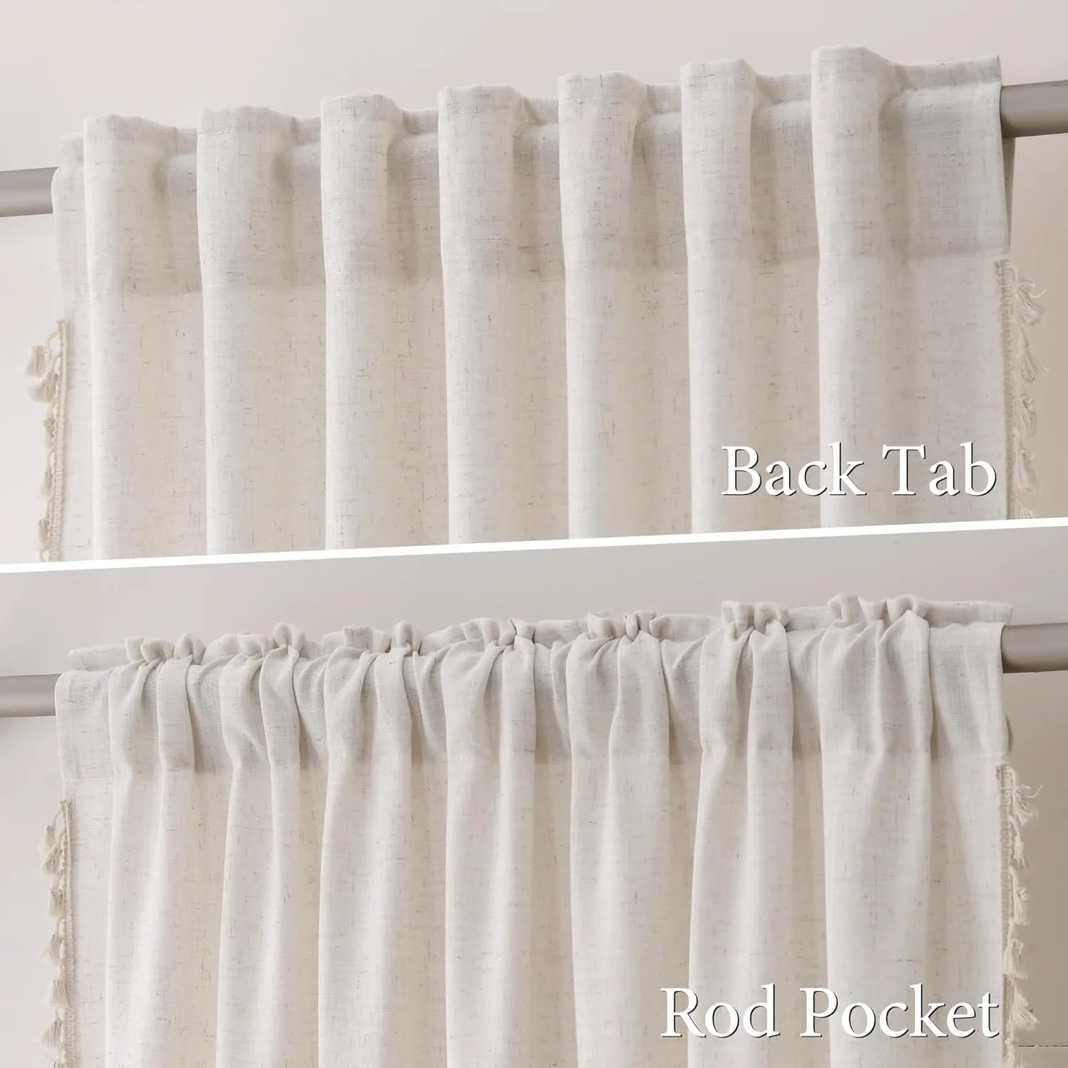 Beige Boho Linen Small Curtains 63 Inches Long 2 Panels Textured Farmhouse Semi Sheer Window Curtains Tassels Back Tab Neutral Light Filtering Chic Curtain Drapes for Living Room Bedroom 52x63