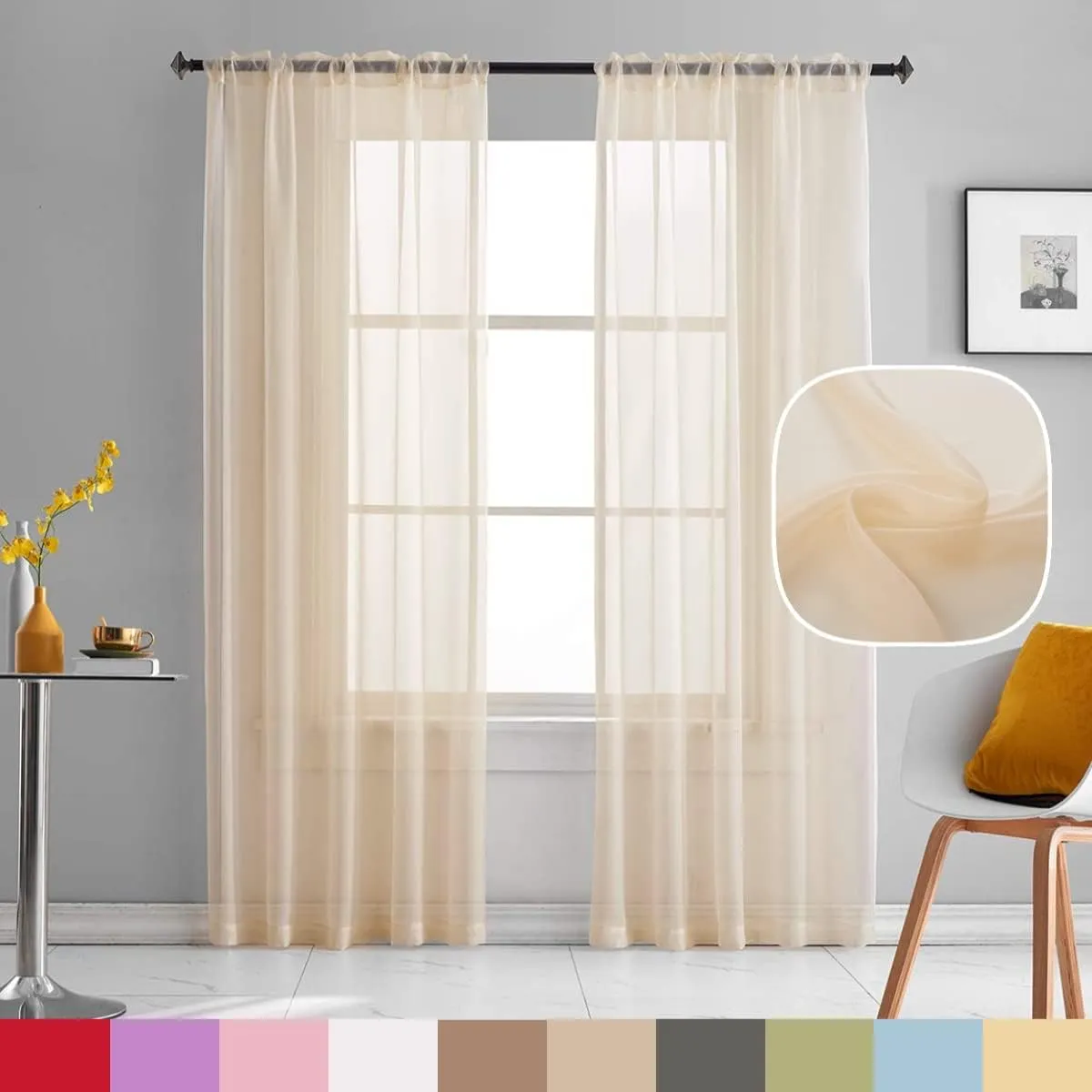 Beige Sheer Curtains 84 Inches Long 2 Panels Translucent Light Filtering Rod Pocket Beige Sheers Voile Curtain Panels for Bedroom Living Room 52x84 Inch Length