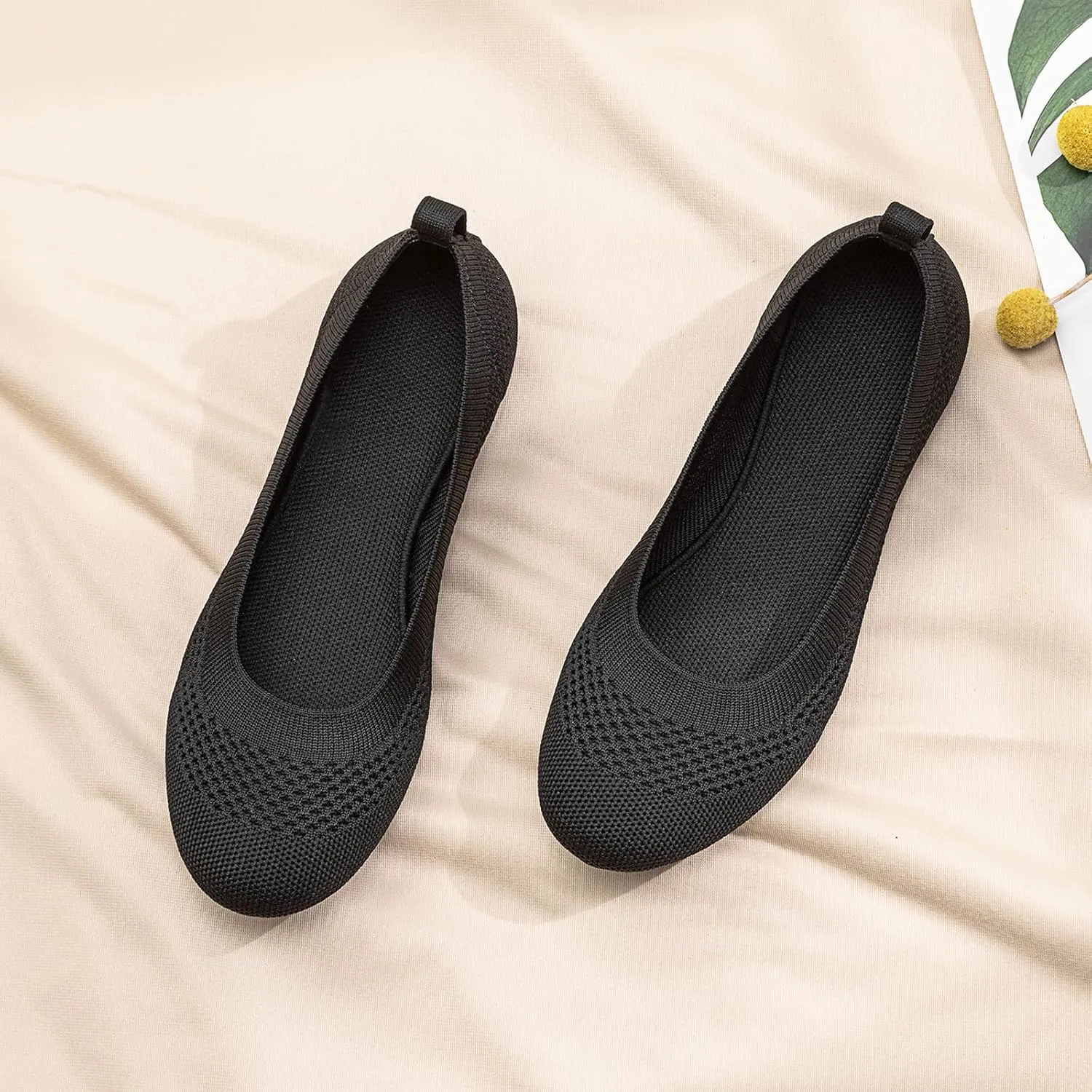 BEJINASH Ballet Flats for Women Soft Slip On Flat Shoes Knit Round Toe Work Flat Mesh Woman Walking Shoes Comfortable Casual