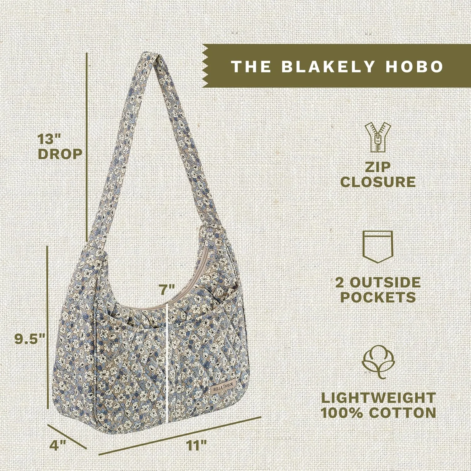 Bella Taylor Blakely - Hobo Shoulder Bag for Women - Lightweight Quilted Fabric Purse with Pockets