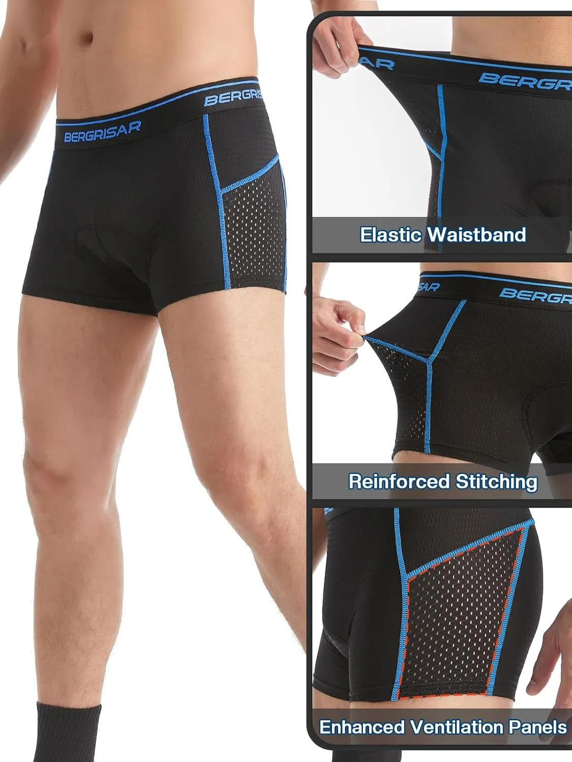 BERGRISAR Men's Cycling Underwear 3D Padded Bike Shorts Mountain Bike Liner Biking Bicycle Undershorts