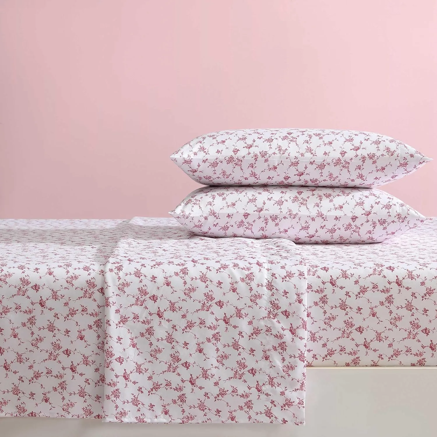 Betsey Johnson - Queen Bed Sheets, Soft & Lightweight Bedding, Fade & Wrinkle Resistant (Floral Toile Pink, Queen)