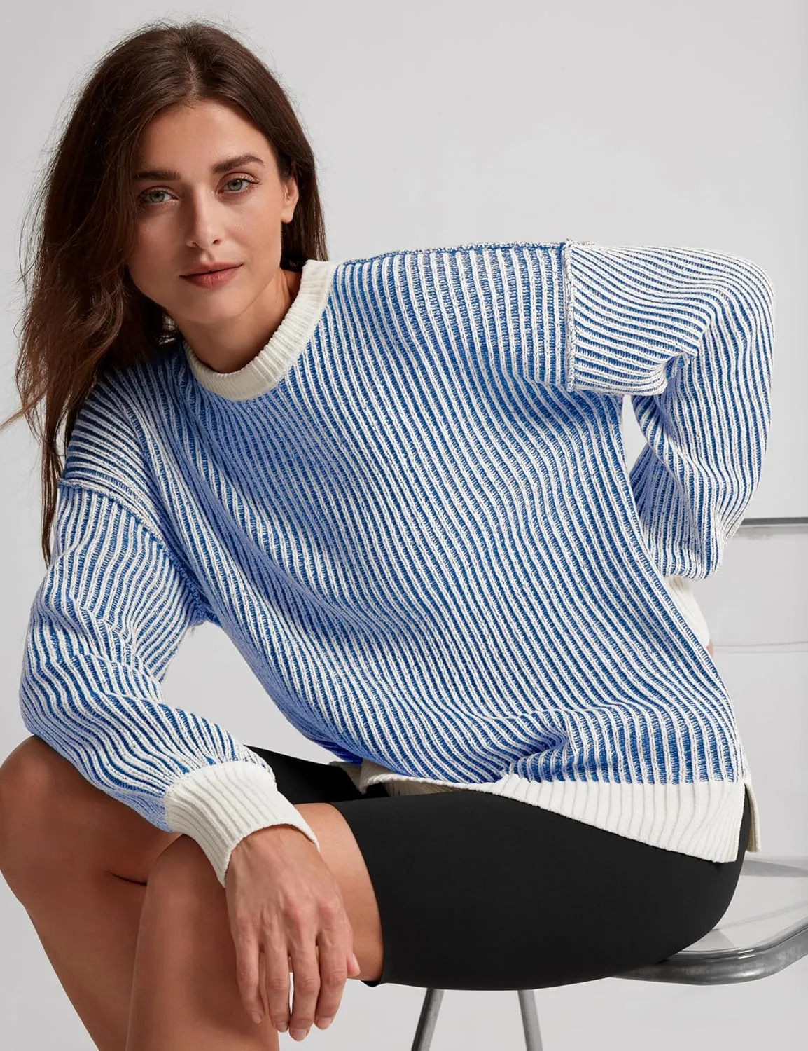Beyond Chenille Sweater for Women 2024 Winter Crew Neck Pullover Sweater Color Block Knit Tops