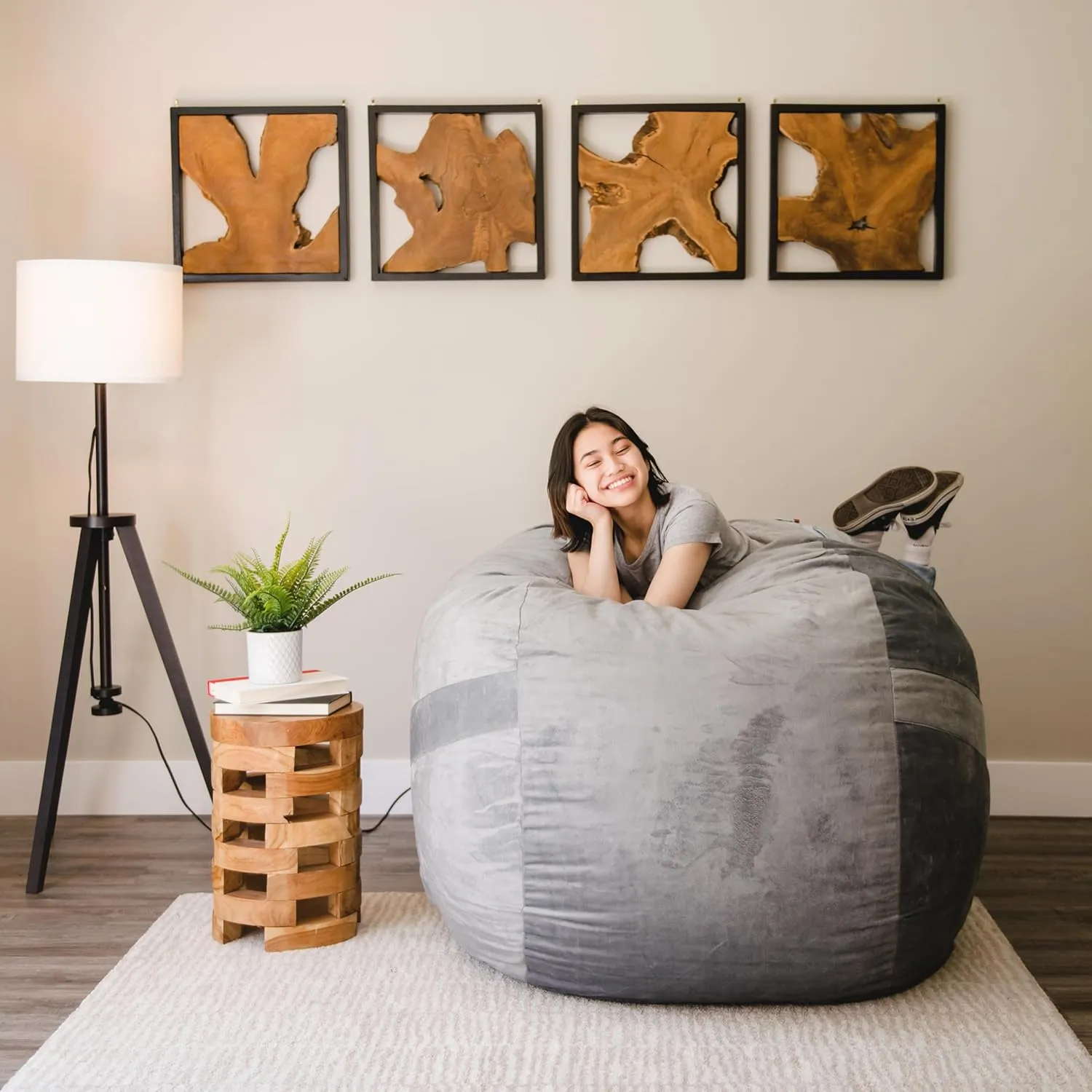 Big Joe Fuf Large Foam Filled Bean Bag Chair with Removable Cover, Gray Plush, Soft Polyester, 4 feet Big