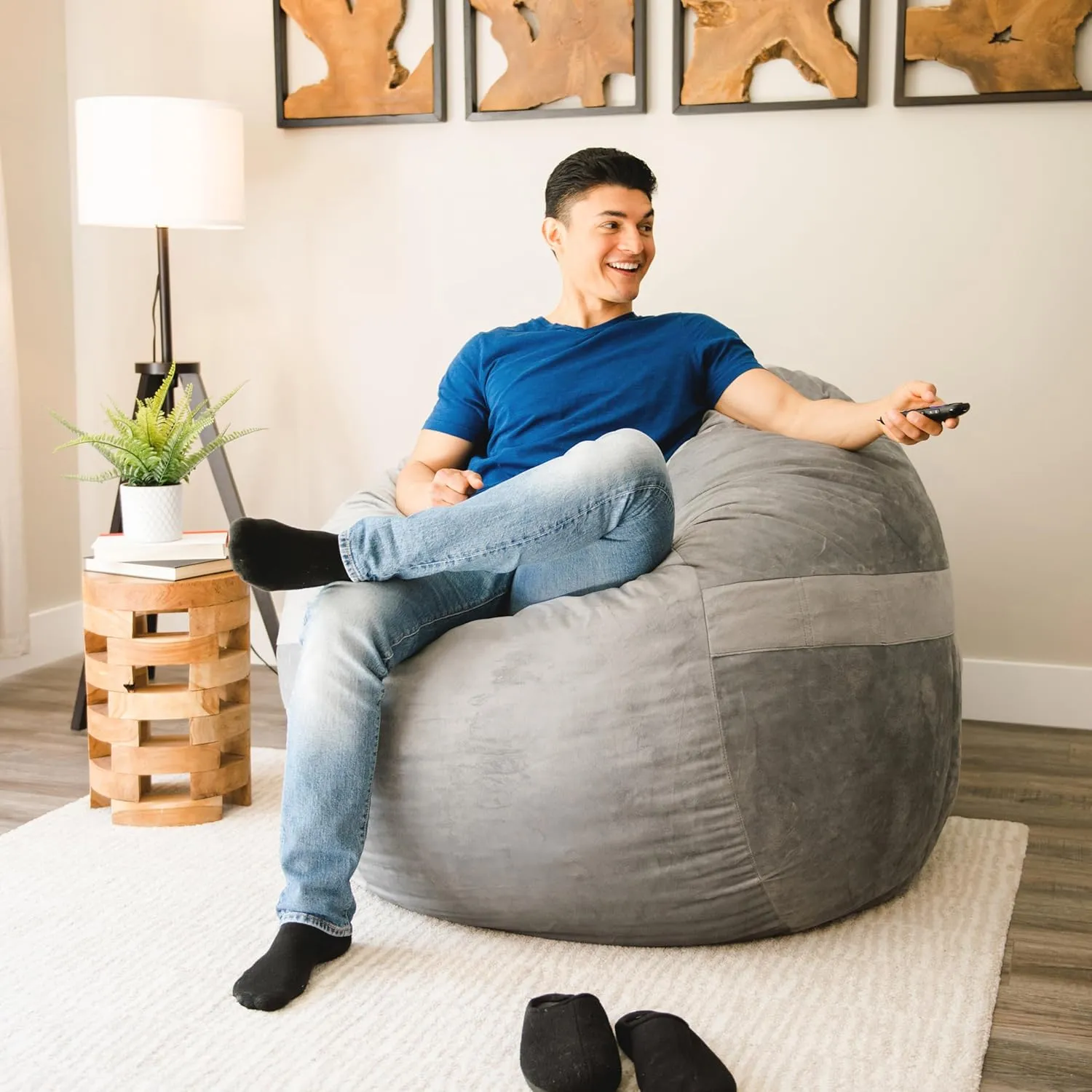 Big Joe Fuf Large Foam Filled Bean Bag Chair with Removable Cover, Gray Plush, Soft Polyester, 4 feet Big