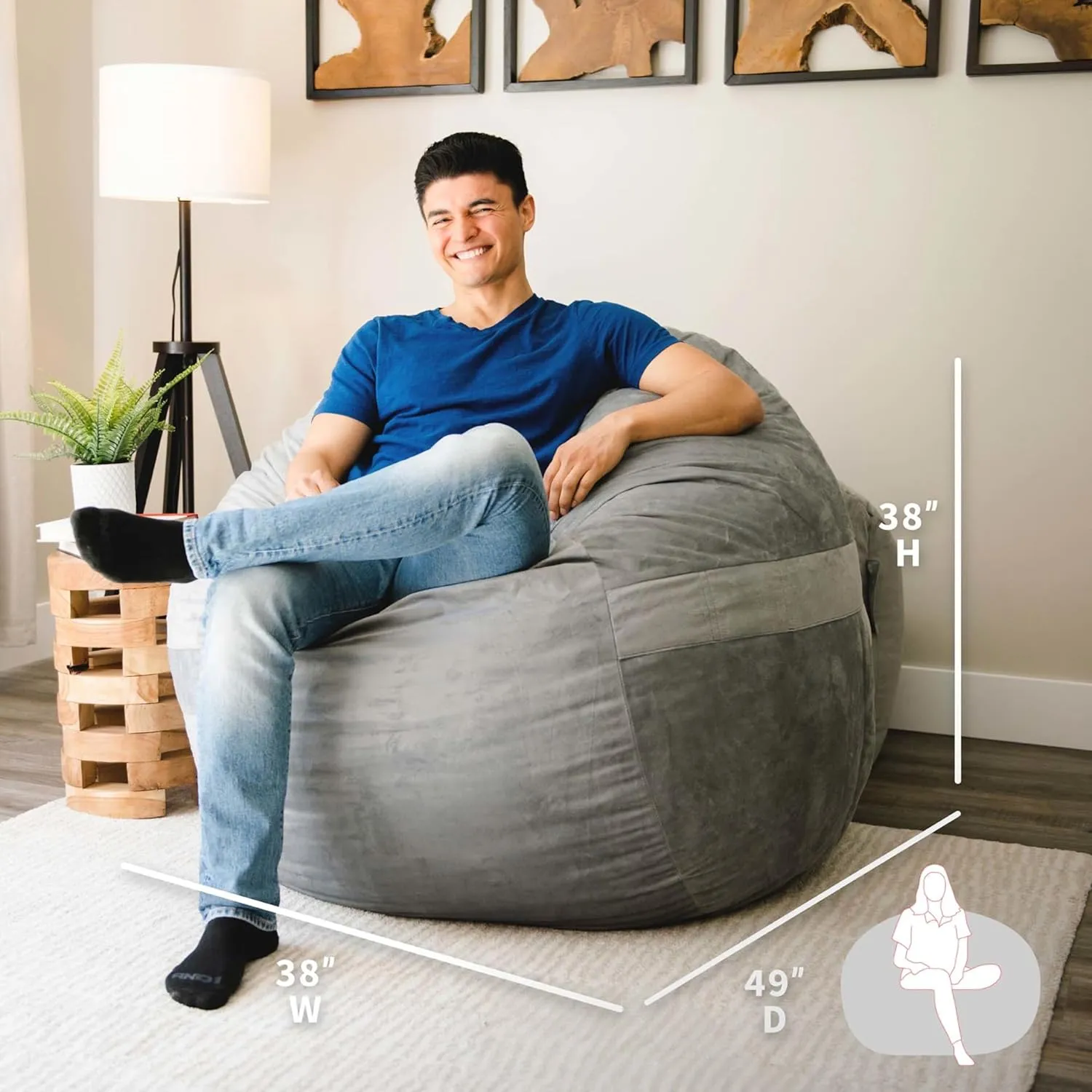 Big Joe Fuf Large Foam Filled Bean Bag Chair with Removable Cover, Gray Plush, Soft Polyester, 4 feet Big