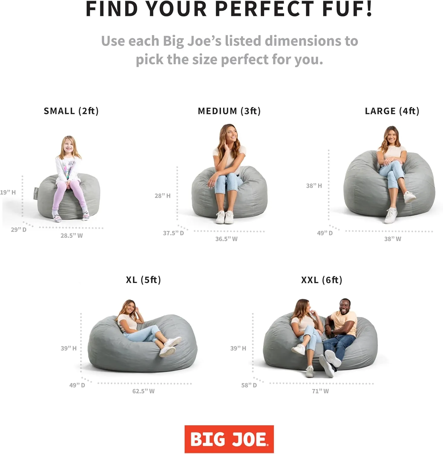 Big Joe Fuf Large Foam Filled Bean Bag Chair with Removable Cover, Gray Plush, Soft Polyester, 4 feet Big