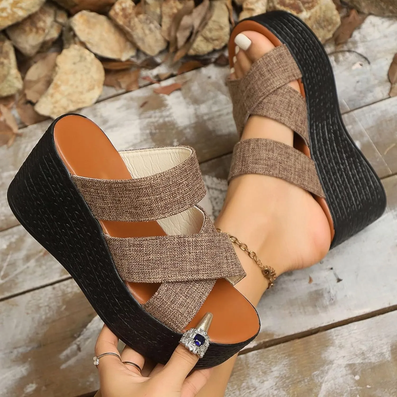 BILIKEYU Womens Espadrille Wedge Platform Slip on Slides Sandals Open Toe Crisscross Straps Thick Sole High Heel Beach Sandal