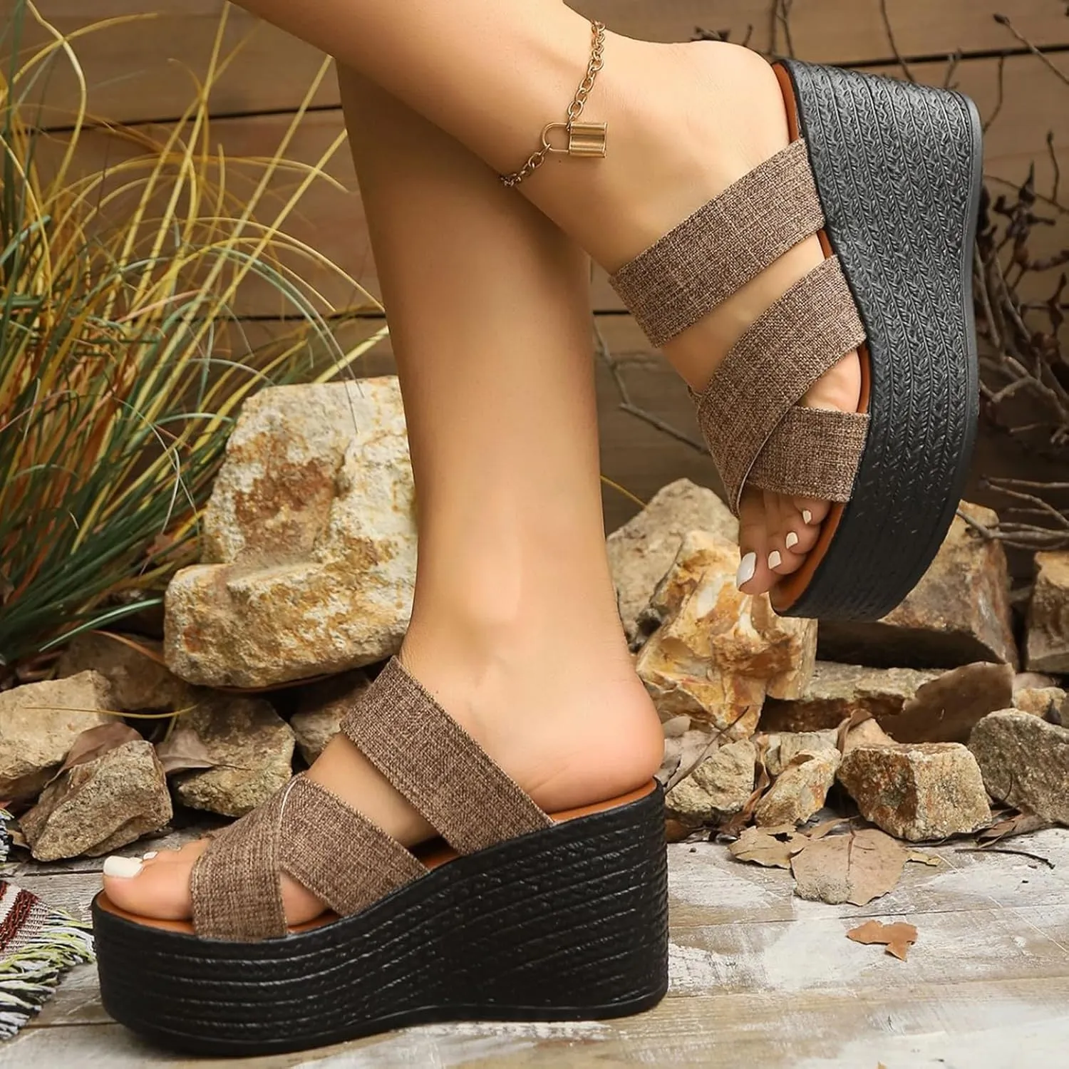 BILIKEYU Womens Espadrille Wedge Platform Slip on Slides Sandals Open Toe Crisscross Straps Thick Sole High Heel Beach Sandal