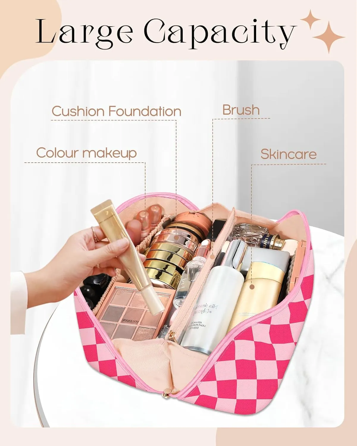 Bistup Makeup Bag Travel Cosmetic Bag Toiletry Make Up Bags Cute Women Large Capacity Big Medium Leather Checkered Plaid Hotpink Aesthetic Girl Teen Teenage Foldable Expandable Open Flat Zip