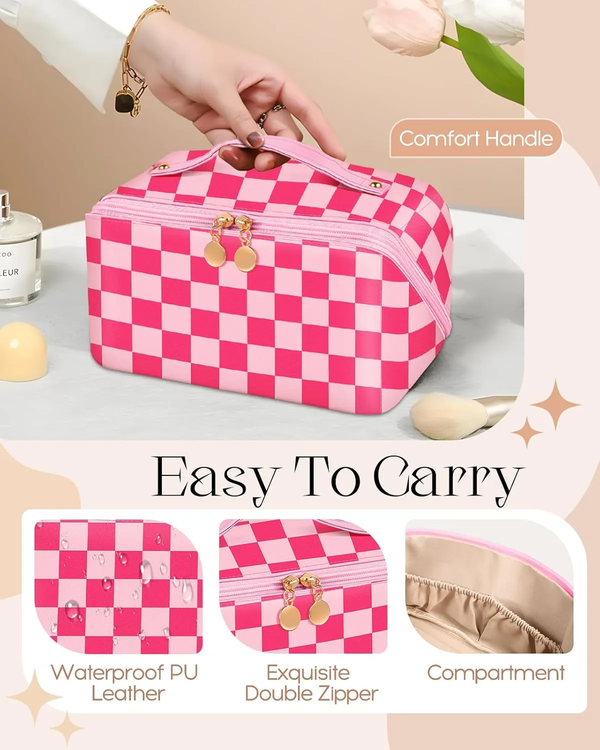 Bistup Makeup Bag Travel Cosmetic Bag Toiletry Make Up Bags Cute Women Large Capacity Big Medium Leather Checkered Plaid Hotpink Aesthetic Girl Teen Teenage Foldable Expandable Open Flat Zip