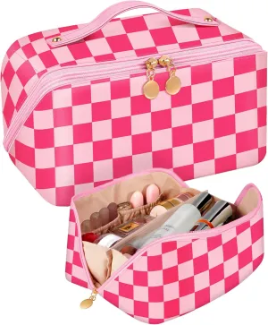 Bistup Makeup Bag Travel Cosmetic Bag Toiletry Make Up Bags Cute Women Large Capacity Big Medium Leather Checkered Plaid Hotpink Aesthetic Girl Teen Teenage Foldable Expandable Open Flat Zip