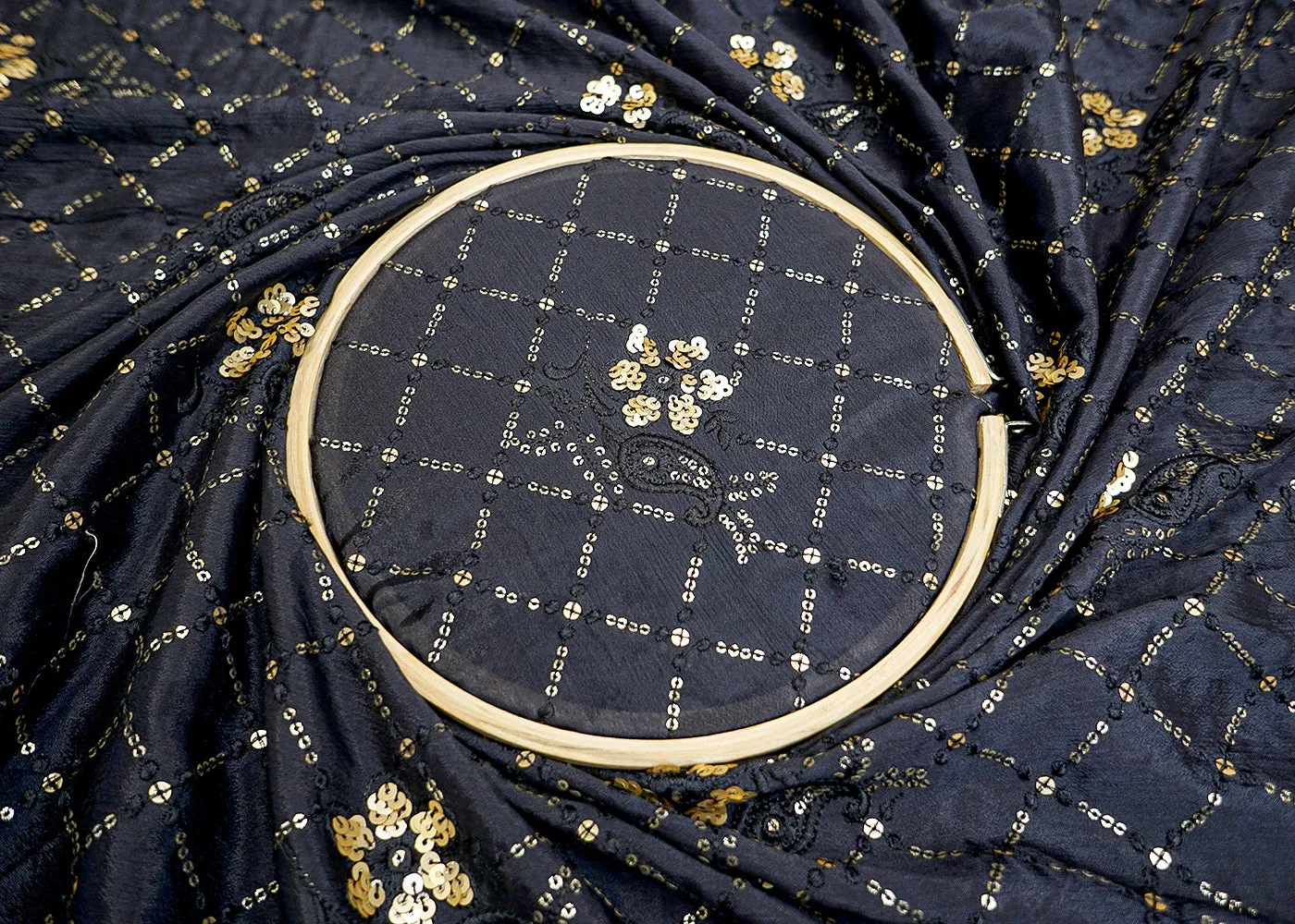 Black Chinon Chiffon Fabric with Allover Thread & Sequin Embroidery