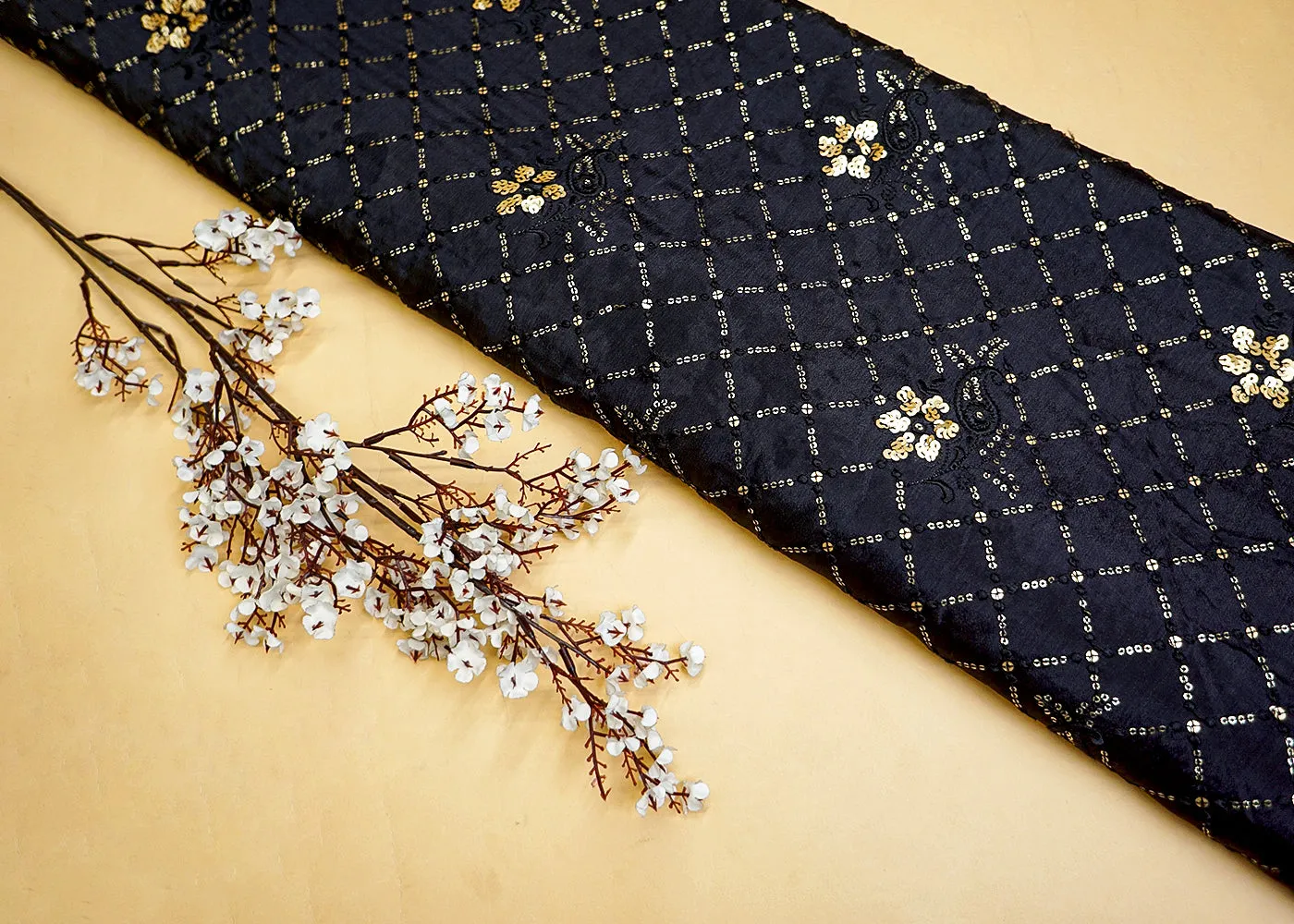 Black Chinon Chiffon Fabric with Allover Thread & Sequin Embroidery