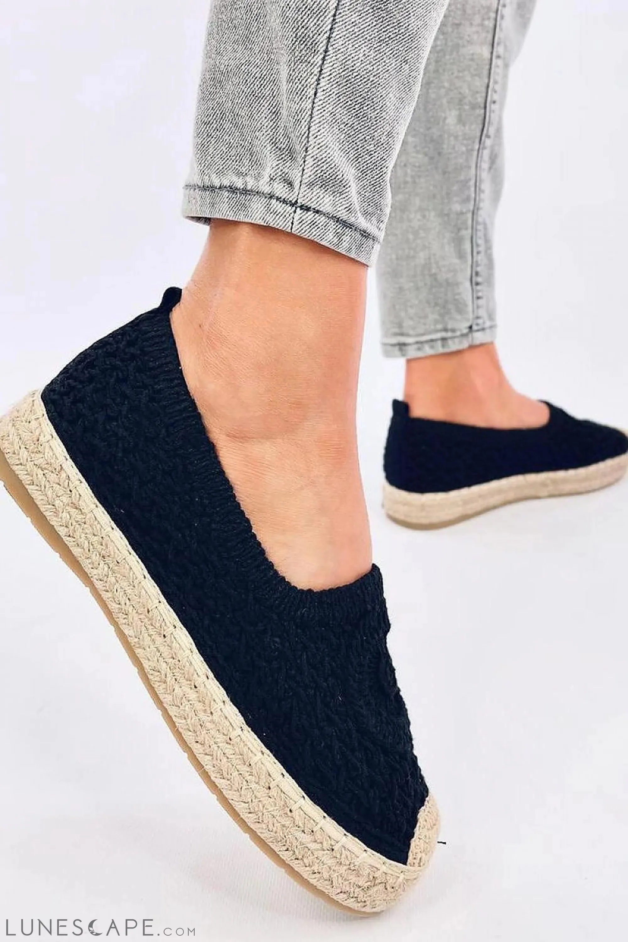 Black Round Toe Crochet Women's Espadrille Flats with Jute Cap Toe