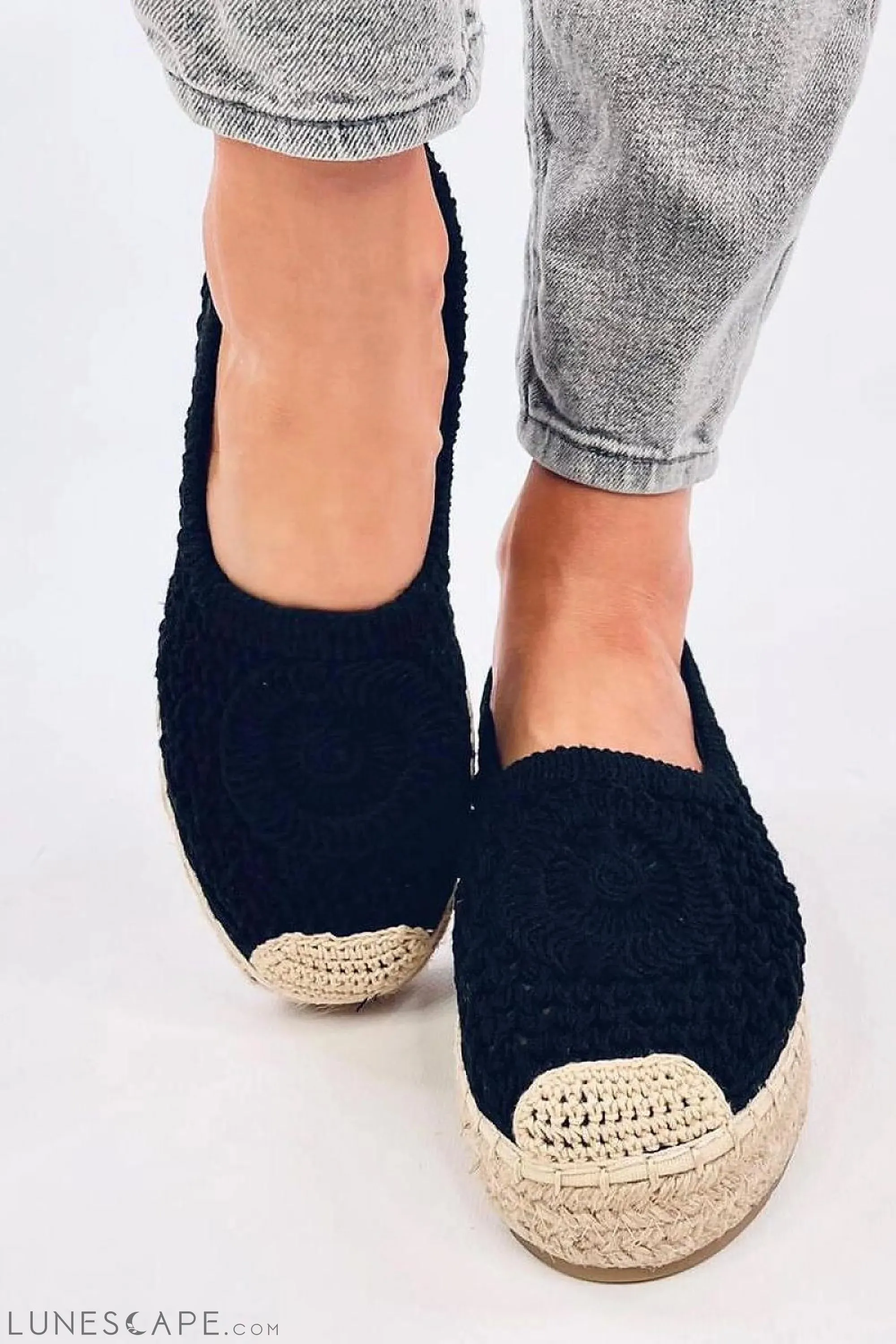 Black Round Toe Crochet Women's Espadrille Flats with Jute Cap Toe
